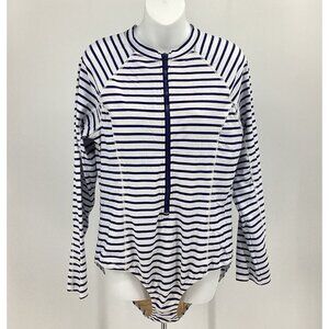 Cabana Life Women's Blue White Print LS Swimsuit  Front Zipper SPF 50+ Size XL